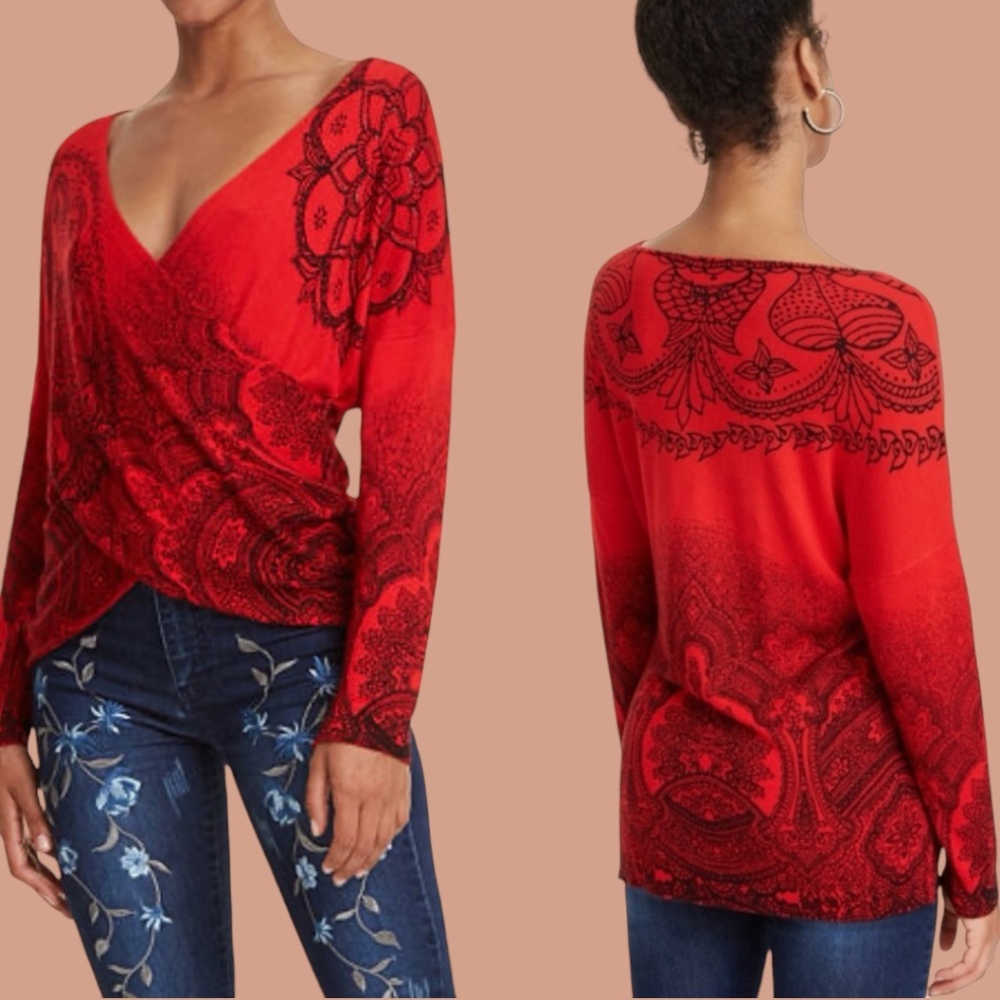 DESIGUAL Long Sleeve Faux Wrap Surplice Front Fine Knit Sweater US Sz XL